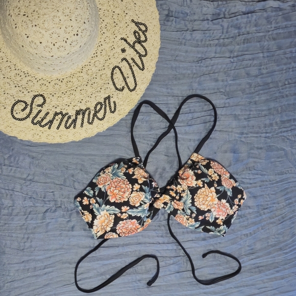 Flirty Floral Adjustable Cross Back Bikini Size L Blue, Pink and Black - Picture 1 of 3